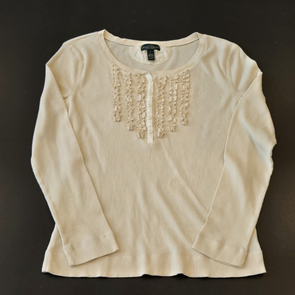 Ralph Lauren LRL Top L Women's Cream White Longsleeve Scoop Neck Ruffle Detail